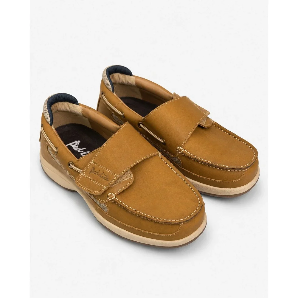 Pedlite Men's Boat Shoes Size 12 W Tan Leather Hook & Loop Casual Loafers EUC